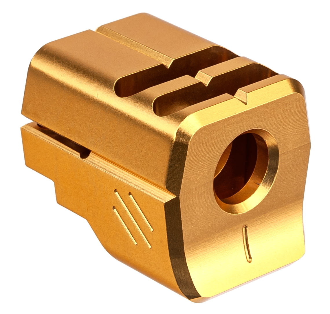 Tyrant CNC UNI-Comp Universal 1/2-28 9mm Pistol Compensator - Black/Gold | Muzzle Brake